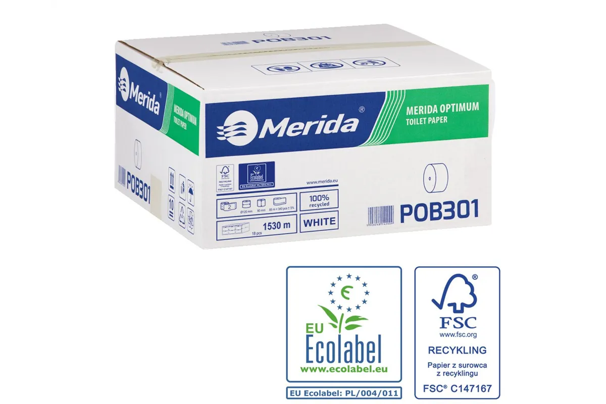 Papier toaletowy bez gilzy MERIDA OPTIMUM, biały, średnica 12 cm, długość 85 m, dwuwarstwowy, karton 18 szt., ECOLABEL
 POB301