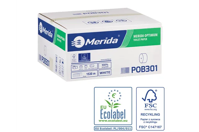 Papier toaletowy bez gilzy MERIDA OPTIMUM, biały, średnica 12 cm, długość 85 m, dwuwarstwowy, karton 18 szt., ECOLABEL
 POB301