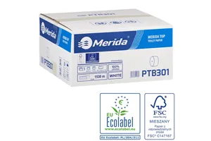 Papier toaletowy bez gilzy MERIDA TOP, biały, średnica 12 cm, długość 85 m, dwuwarstwowy, karton 18 szt, ECOLABEL
 PTB301