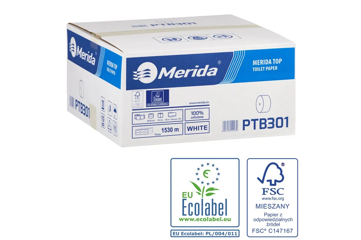 Papier toaletowy bez gilzy MERIDA TOP, biały, średnica 12 cm, długość 85 m, dwuwarstwowy, karton 18 szt, ECOLABEL
 PTB301