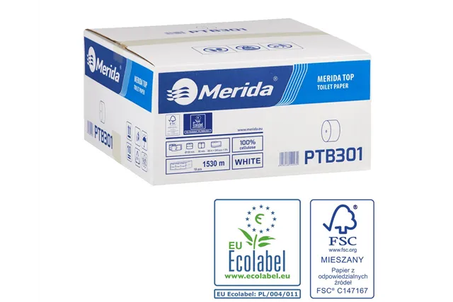 Papier toaletowy bez gilzy MERIDA TOP, biały, średnica 12 cm, długość 85 m, dwuwarstwowy, karton 18 szt, ECOLABEL
 PTB301