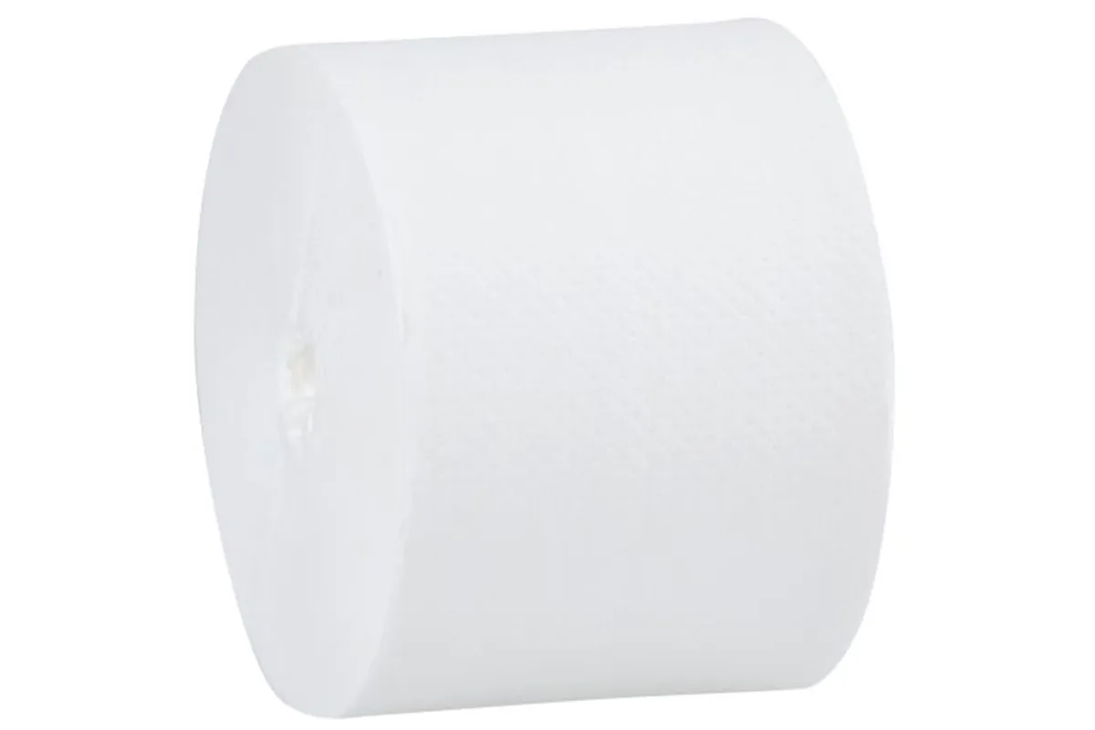 Papier toaletowy bez gilzy MERIDA TOP, biały, średnica 12 cm, długość 85 m, dwuwarstwowy, karton 18 szt, ECOLABEL
 PTB301