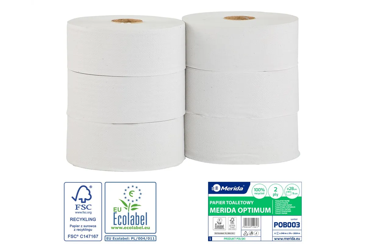 Papier toaletowy MERIDA OPTIMUM, biały, średnica 28 cm, długość 340 m, dwuwarstwowy, zgrzewka 6 szt., ECOLABEL
 Merida POB003