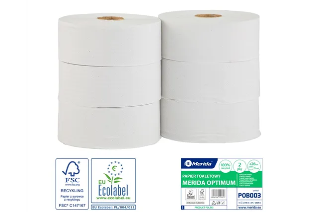 Papier toaletowy MERIDA OPTIMUM, biały, średnica 28 cm, długość 340 m, dwuwarstwowy, zgrzewka 6 szt., ECOLABEL
 Merida POB003