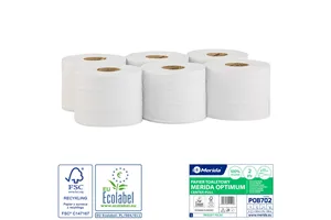Papier toaletowy MERIDA OPTIMUM CENTER PULL biały, średnica 17cm, długość 120m, dwuwarstwowy, zgrzewka 6 szt. ECOLABEL
 POB702