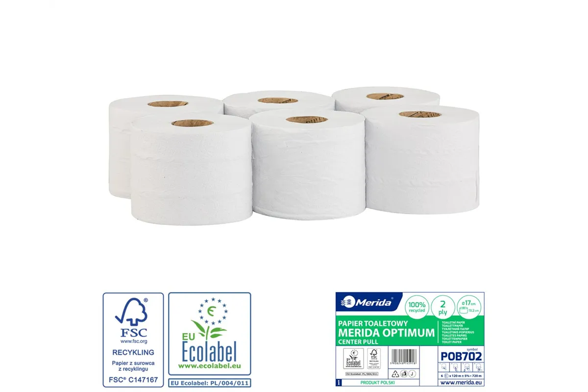 Papier toaletowy MERIDA OPTIMUM CENTER PULL biały, średnica 17cm, długość 120m, dwuwarstwowy, zgrzewka 6 szt. ECOLABEL
 POB702