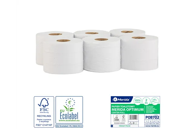 Papier toaletowy MERIDA OPTIMUM CENTER PULL biały, średnica 17cm, długość 120m, dwuwarstwowy, zgrzewka 6 szt. ECOLABEL
 POB702