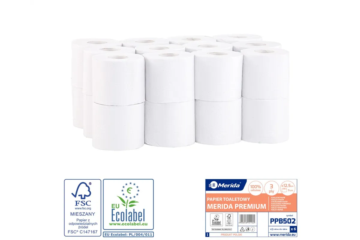 Papier toaletowy MERIDA PREMIUM, biały, średnica 12,5 cm, długość 50 m, trzywarstwowy, worek 24 szt., ECOLABEL
 Merida PPB502