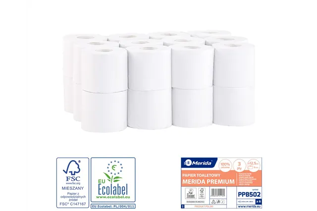 Papier toaletowy MERIDA PREMIUM, biały, średnica 12,5 cm, długość 50 m, trzywarstwowy, worek 24 szt., ECOLABEL
 Merida PPB502