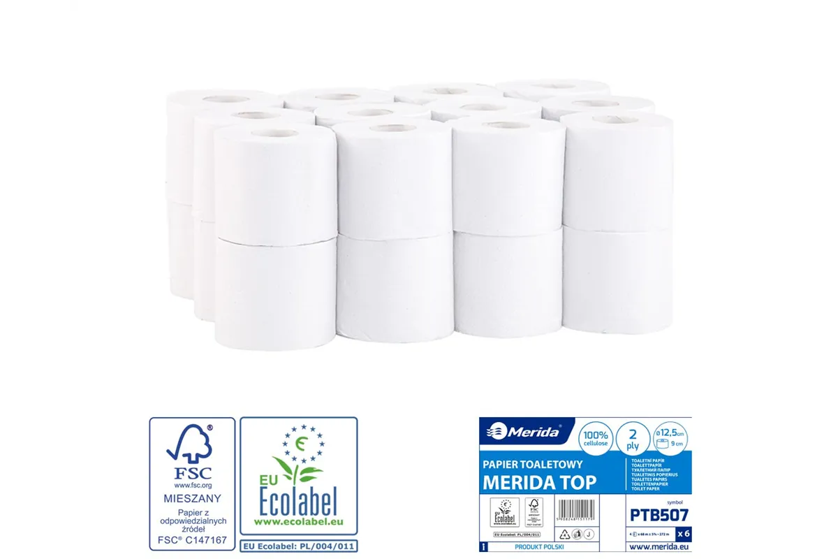 Papier toaletowy MERIDA TOP, biały, średnica 12,5 cm, długość 68 m, dwuwarstwowy, worek 24 szt., ECOLABEL
 Merida PTB507