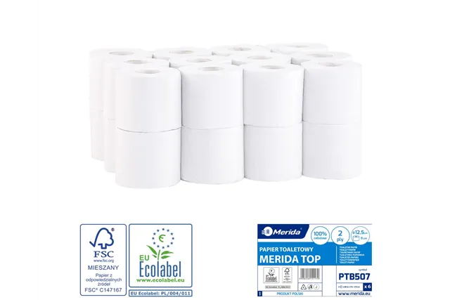 Papier toaletowy MERIDA TOP, biały, średnica 12,5 cm, długość 68 m, dwuwarstwowy, worek 24 szt., ECOLABEL
 Merida PTB507