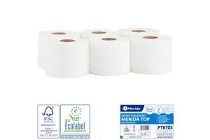 Papier toaletowy MERIDA TOP CENTER PULL, biały, średnica 17 cm, długość 120 m, dwuwarstwowy, zgrzewka 6 szt., ECOLABEL
 PTB703