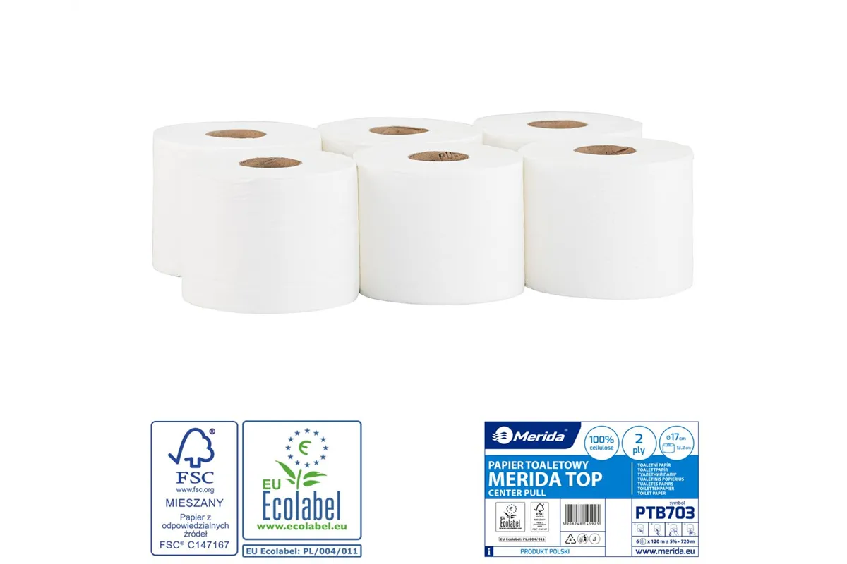 Papier toaletowy MERIDA TOP CENTER PULL, biały, średnica 17 cm, długość 120 m, dwuwarstwowy, zgrzewka 6 szt., ECOLABEL
 PTB703