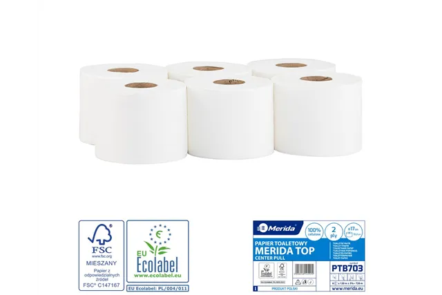 Papier toaletowy MERIDA TOP CENTER PULL, biały, średnica 17 cm, długość 120 m, dwuwarstwowy, zgrzewka 6 szt., ECOLABEL
 PTB703