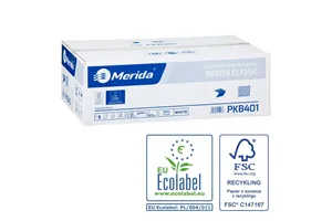 Papier toaletowy w listkach MERIDA CLASSIC, biały, jednowarstwowy, karton 9000 szt., ECOLABEL
 Merida PKB401