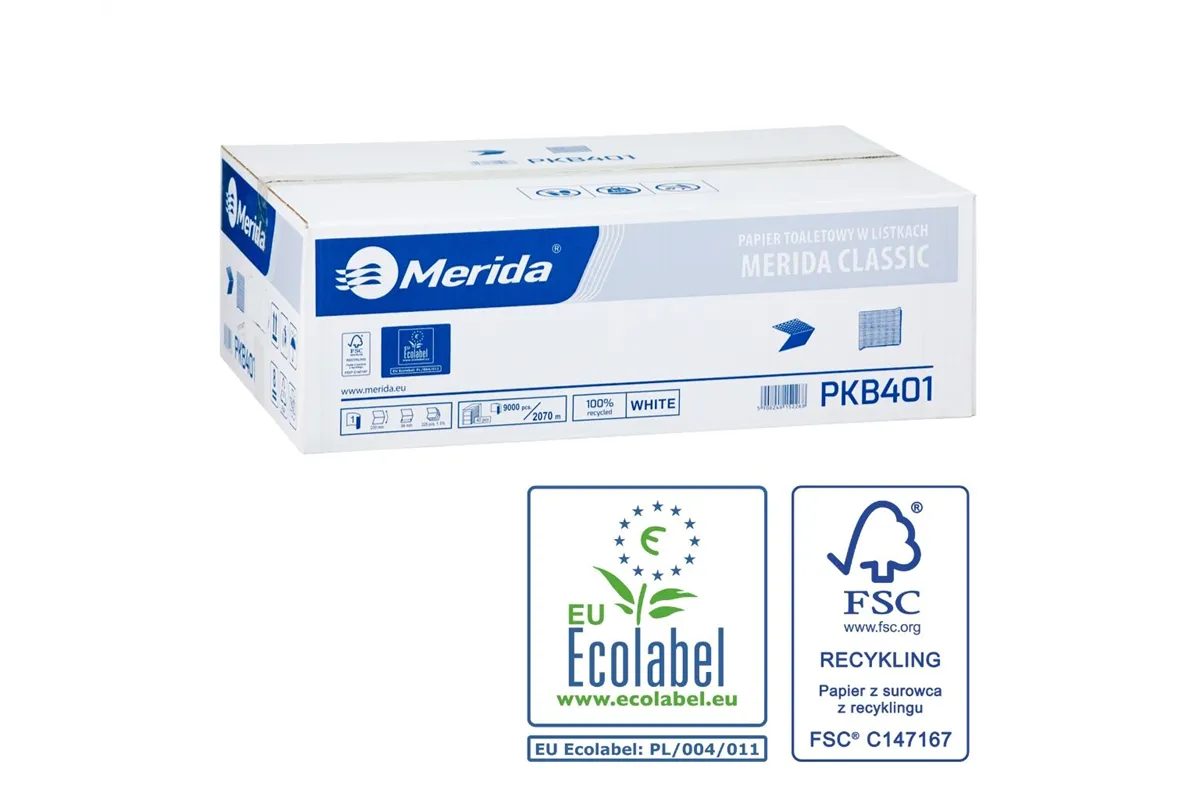Papier toaletowy w listkach MERIDA CLASSIC, biały, jednowarstwowy, karton 9000 szt., ECOLABEL
 Merida PKB401