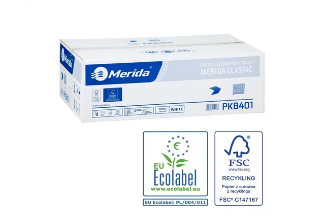 Papier toaletowy w listkach MERIDA CLASSIC, biały, jednowarstwowy, karton 9000 szt., ECOLABEL
 Merida PKB401