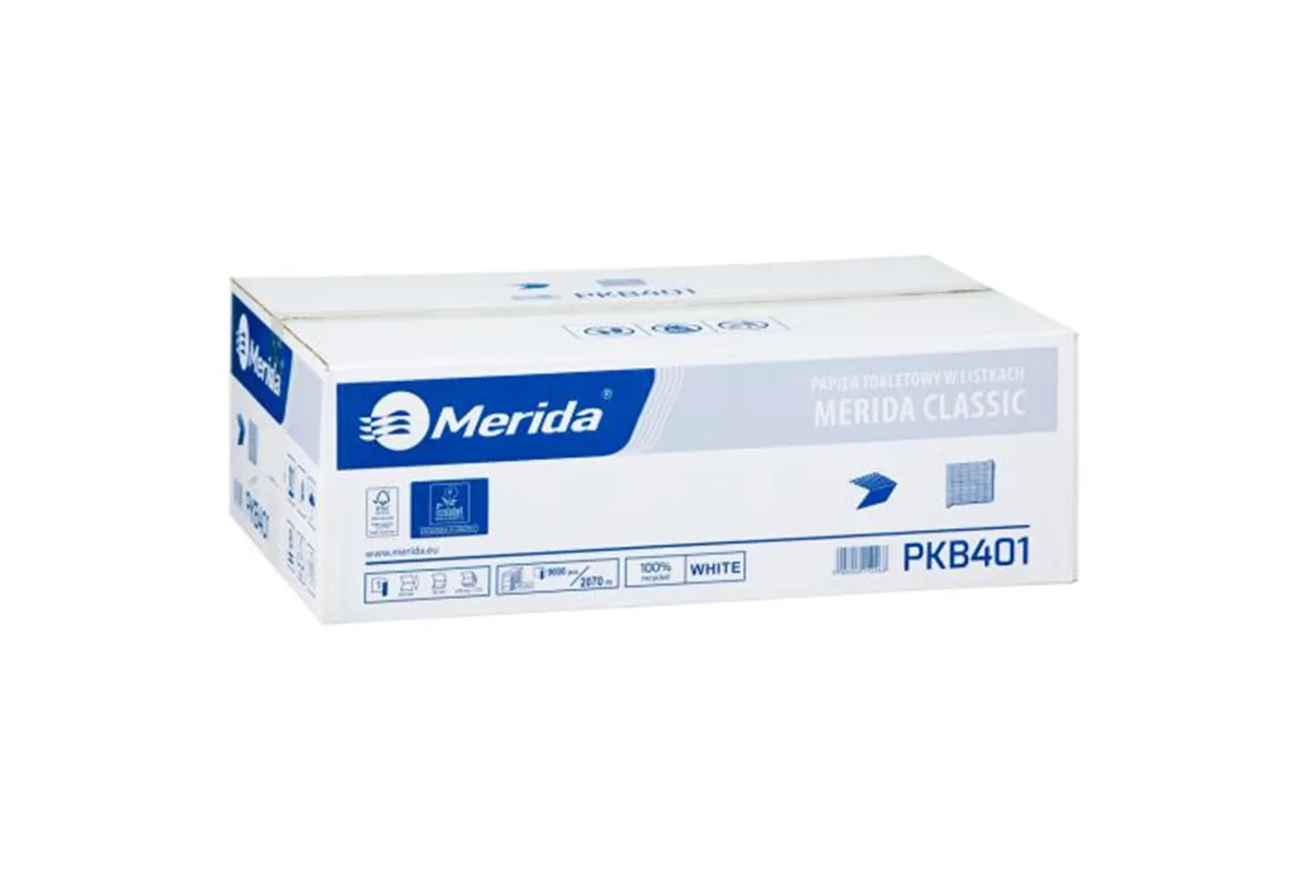 Papier toaletowy w listkach MERIDA CLASSIC, biały, jednowarstwowy, karton 9000 szt., ECOLABEL
 Merida PKB401