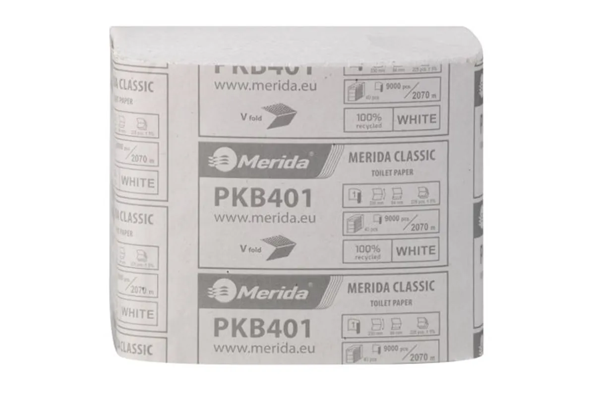 Papier toaletowy w listkach MERIDA CLASSIC, biały, jednowarstwowy, karton 9000 szt., ECOLABEL
 Merida PKB401