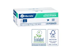 Papier toaletowy w listkach MERIDA OPTIMUM, biały, dwuwarstwowy, karton 9000 szt., ECOLABEL
 Merida POB403