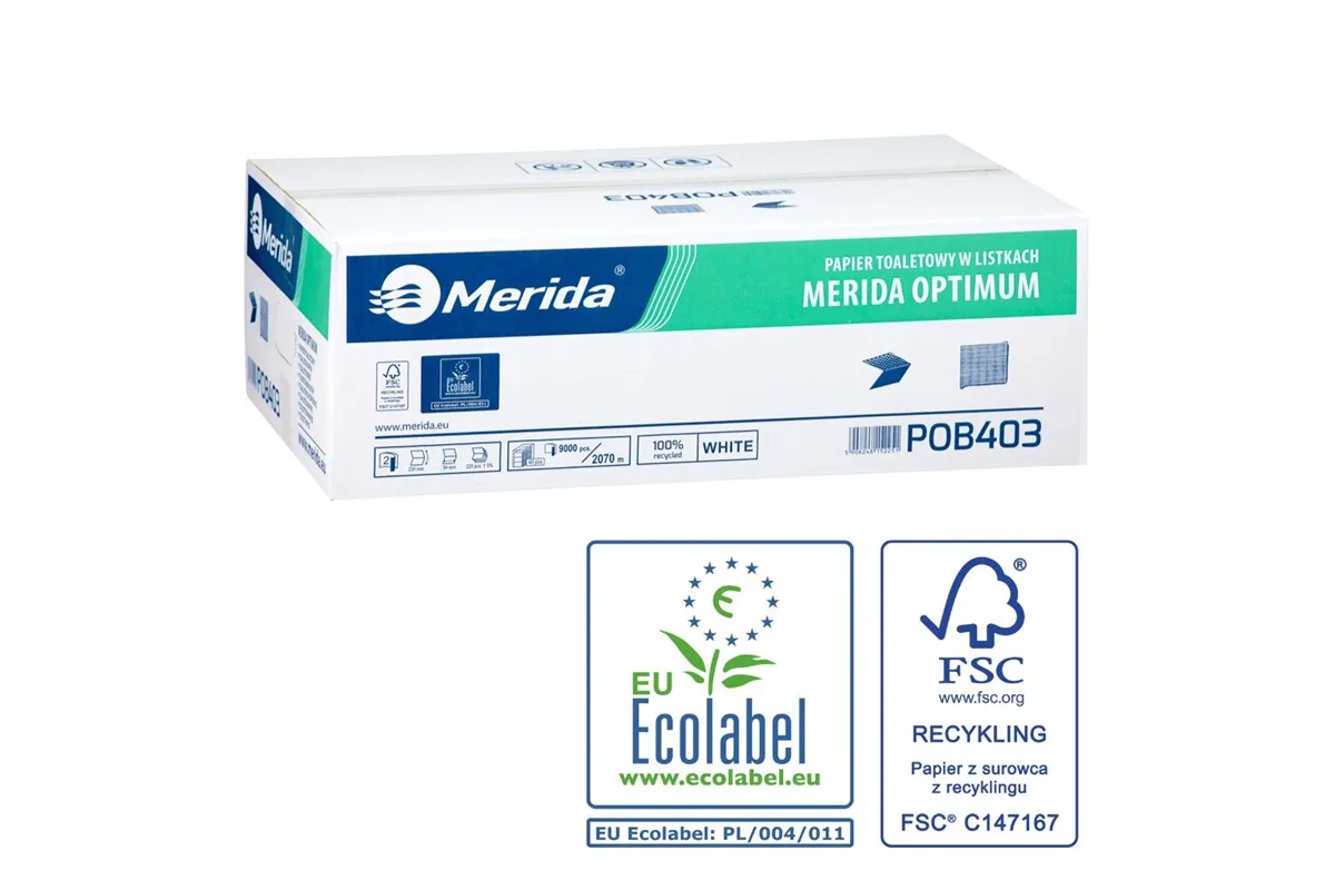 Papier toaletowy w listkach MERIDA OPTIMUM, biały, dwuwarstwowy, karton 9000 szt., ECOLABEL
 Merida POB403
