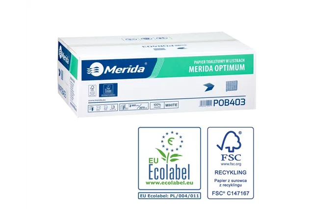 Papier toaletowy w listkach MERIDA OPTIMUM, biały, dwuwarstwowy, karton 9000 szt., ECOLABEL
 Merida POB403