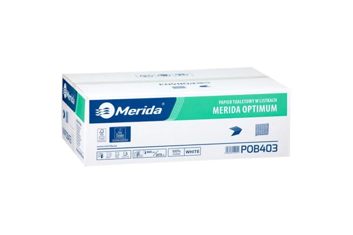 Papier toaletowy w listkach MERIDA OPTIMUM, biały, dwuwarstwowy, karton 9000 szt., ECOLABEL
 Merida POB403