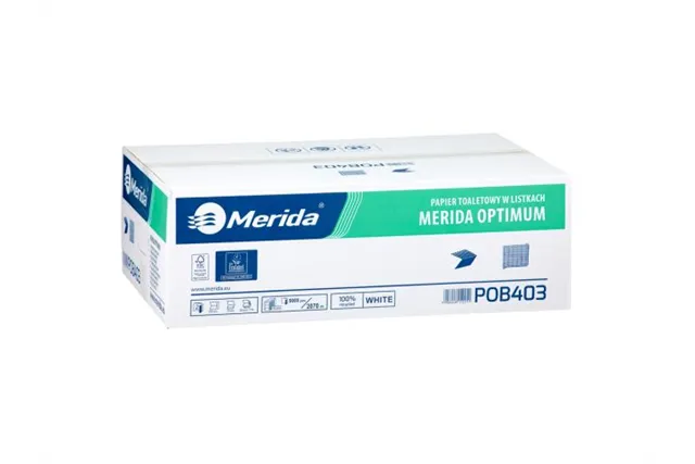 Papier toaletowy w listkach MERIDA OPTIMUM, biały, dwuwarstwowy, karton 9000 szt., ECOLABEL
 Merida POB403