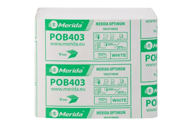 Papier toaletowy w listkach MERIDA OPTIMUM, biały, dwuwarstwowy, karton 9000 szt., ECOLABEL
 Merida POB403