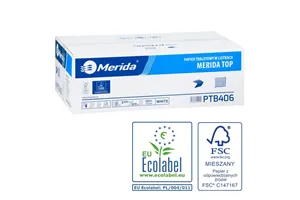 Papier toaletowy w listkach MERIDA TOP, biały, dwuwarstwowy, karton 9000 szt., ECOLABEL
 Merida PTB406