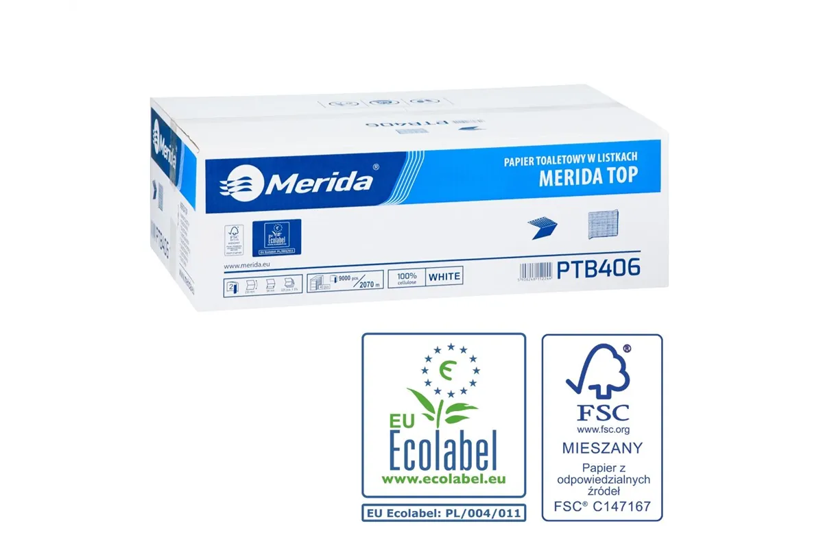 Papier toaletowy w listkach MERIDA TOP, biały, dwuwarstwowy, karton 9000 szt., ECOLABEL
 Merida PTB406