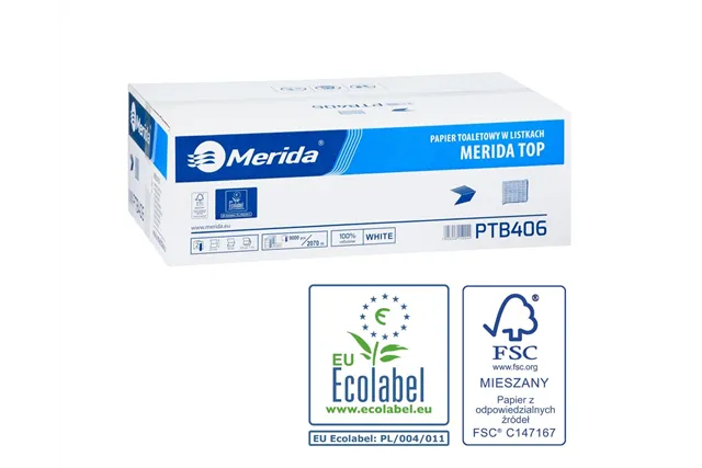 Papier toaletowy w listkach MERIDA TOP, biały, dwuwarstwowy, karton 9000 szt., ECOLABEL
 Merida PTB406