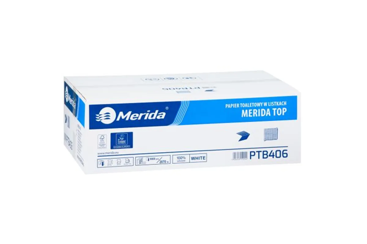 Papier toaletowy w listkach MERIDA TOP, biały, dwuwarstwowy, karton 9000 szt., ECOLABEL
 Merida PTB406