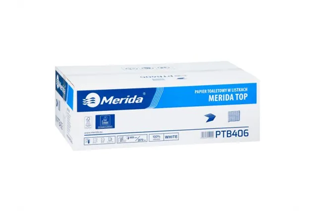 Papier toaletowy w listkach MERIDA TOP, biały, dwuwarstwowy, karton 9000 szt., ECOLABEL
 Merida PTB406