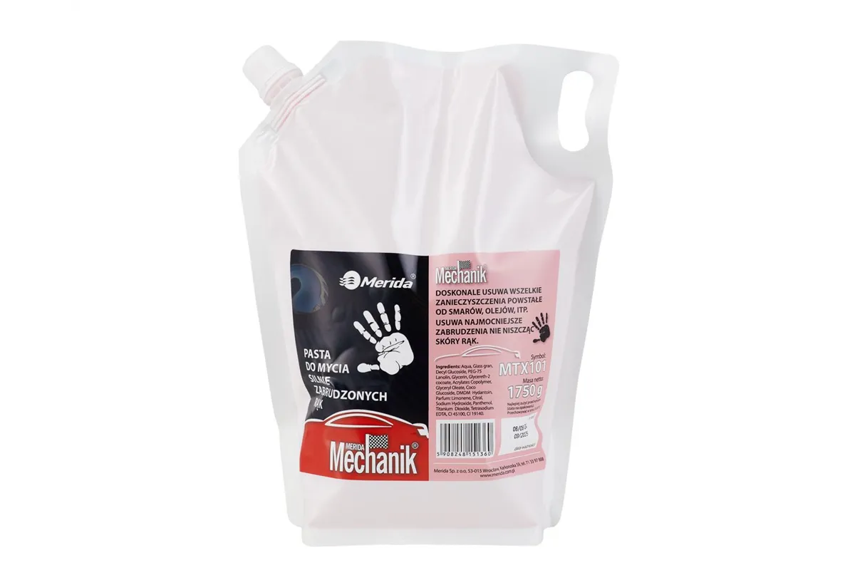 Pasta do mycia silnie zabrudzonych rąk MERIDA MECHANIK, wkład 1750 g do uzupełnienia rubinowej butelki z pompką
 Merida MTX101