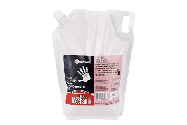 Pasta do mycia silnie zabrudzonych rąk MERIDA MECHANIK, wkład 1750 g do uzupełnienia rubinowej butelki z pompką
 Merida MTX101