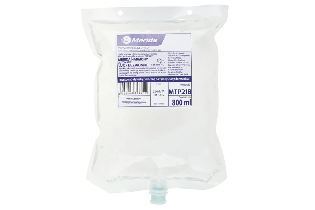 Mydło w pianie MERIDA HARMONY LUX AUTOMATIC BEZWONNE, jednorazowy wkład 800 ml, bez zapachu
 Merida MTP218
