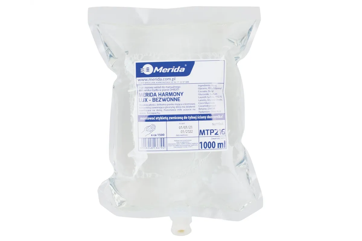 Mydło w pianie MERIDA HARMONY LUX BEZWONNE, jednorazowy wkład 1000 ml, bez zapachu
 Merida MTP216