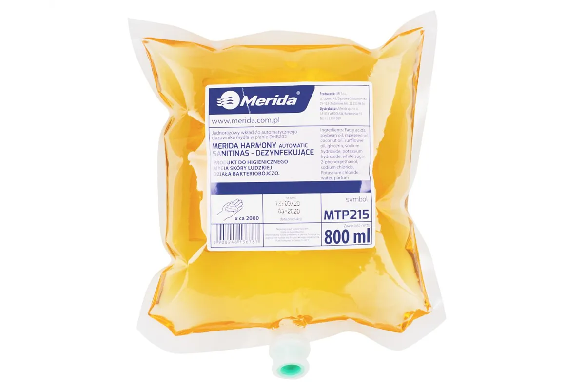 Mydło w pianie MERIDA HARMONY SANITINAS AUTOMATIC DEZYNFEKUJĄCE, jednorazowy wkład 800 ml, zapach grejpfrutowy
 Merida MTP215