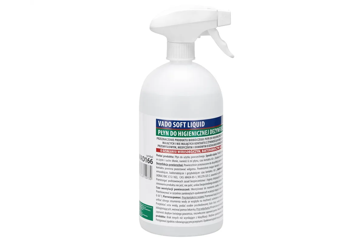 MERIDA VADO SOFT bezalkoholowy płyn do higienicznej dezynfekcji rąk i powierzchni, butelka ze spryskiwaczem 1000 ml
 MAD166