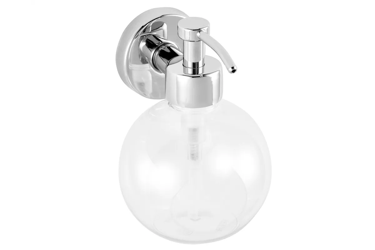 Dozownik mydła w płynie z pojemnikiem w kształcie kuli mocowany do ściany, zbiornik 150ml, chromowany mosiądz
 Merida DLV101