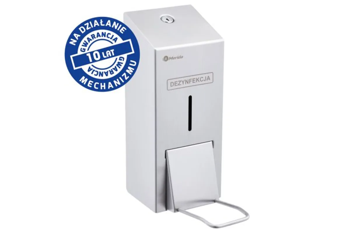 Dozownik płynu dezynfekcyjnego na jednorazowe wkłady 1000 ml z przyciskiem łokciowym MERIDA STELLA, stal matowa
 Merida DSM417