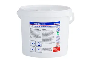 Chusteczki nasączone do dezynfekcji rąk i powierzchni MERIDA POLANA DDR+, wiadro 6 l, rolka 65 m, 260 listków
 Merida UMD821