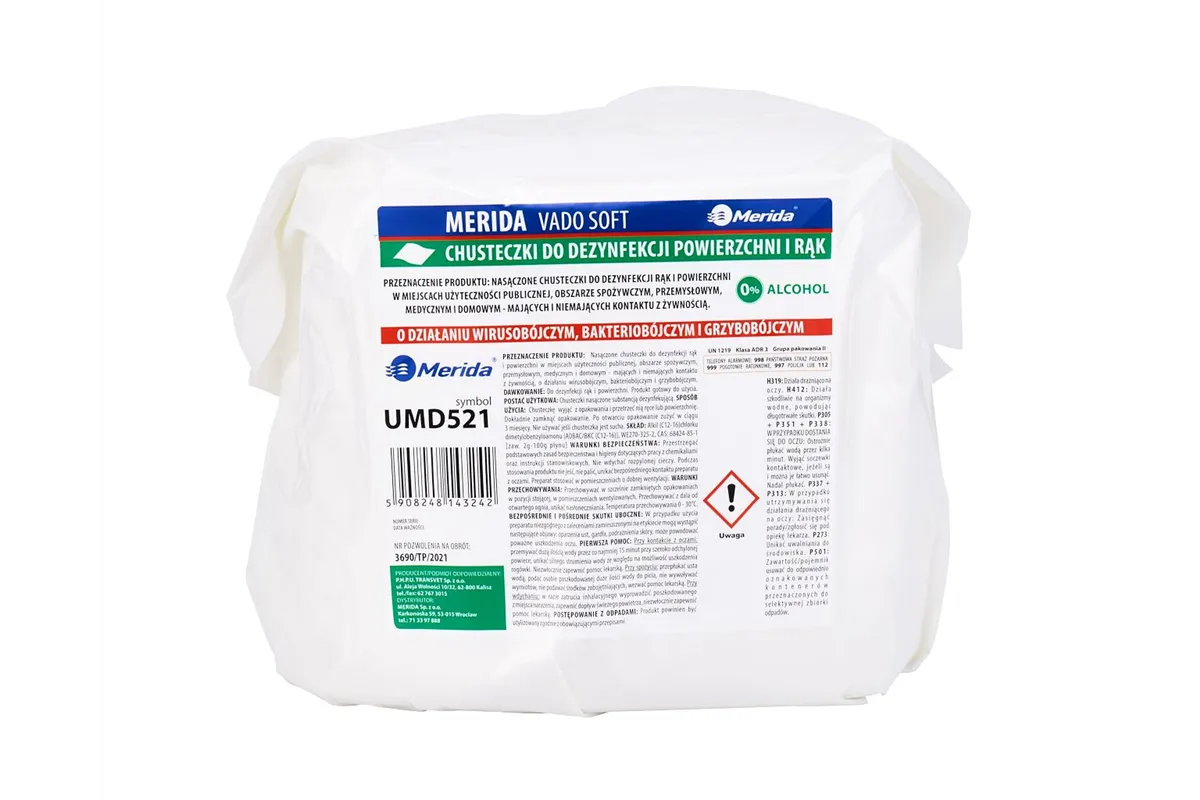 Chusteczki nasączone do dezynfekcji rąk i powierzchni MERIDA VADO SOFT, wkład do wiadra 6 l, rolka 65 m, 260 listków
 UMD521