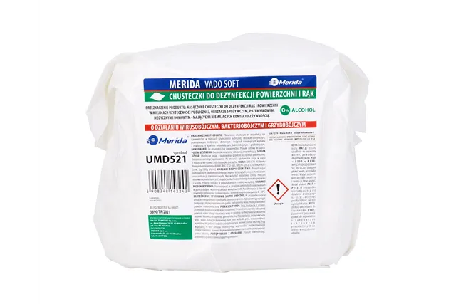 Chusteczki nasączone do dezynfekcji rąk i powierzchni MERIDA VADO SOFT, wkład do wiadra 6 l, rolka 65 m, 260 listków
 UMD521