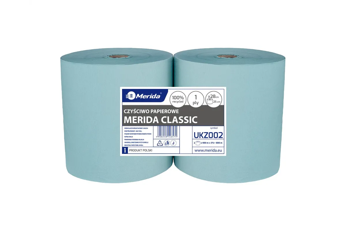 Czyściwo papierowe MERIDA CLASSIC 28, długość 400 m, jednowarstwowe, ZIELONE, zgrzewka 2 szt.
 Merida UKZ002