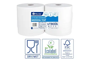 Czyściwo papierowe MERIDA TOP 24, długość 300 m, dwuwarstwowe, BIAŁE, zgrzewka 2 sztuki, ECOLABEL
 Merida UTB006
