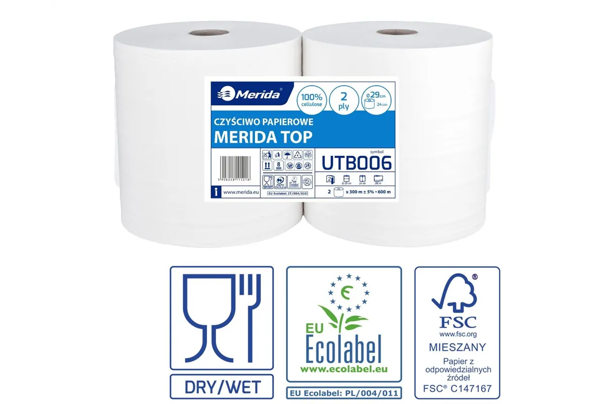 Czyściwo papierowe MERIDA TOP 24, długość 300 m, dwuwarstwowe, BIAŁE, zgrzewka 2 sztuki, ECOLABEL
 Merida UTB006