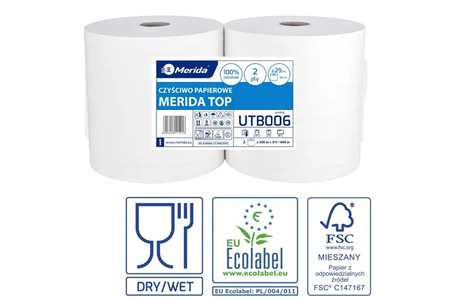 Czyściwo papierowe MERIDA TOP 24, długość 300 m, dwuwarstwowe, BIAŁE, zgrzewka 2 sztuki, ECOLABEL
 Merida UTB006