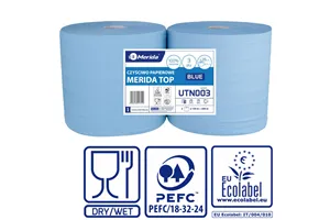 Czyściwo papierowe MERIDA TOP 28, długość 150 m, trzywarstwowe, NIEBIESKIE, zgrzewka 2 sztuki, ECOLABEL
 Merida UTN003